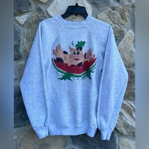 VTG Hand Painted Crewneck Pullover Sweater Pigs Eating Watermelon Cute Farm LG